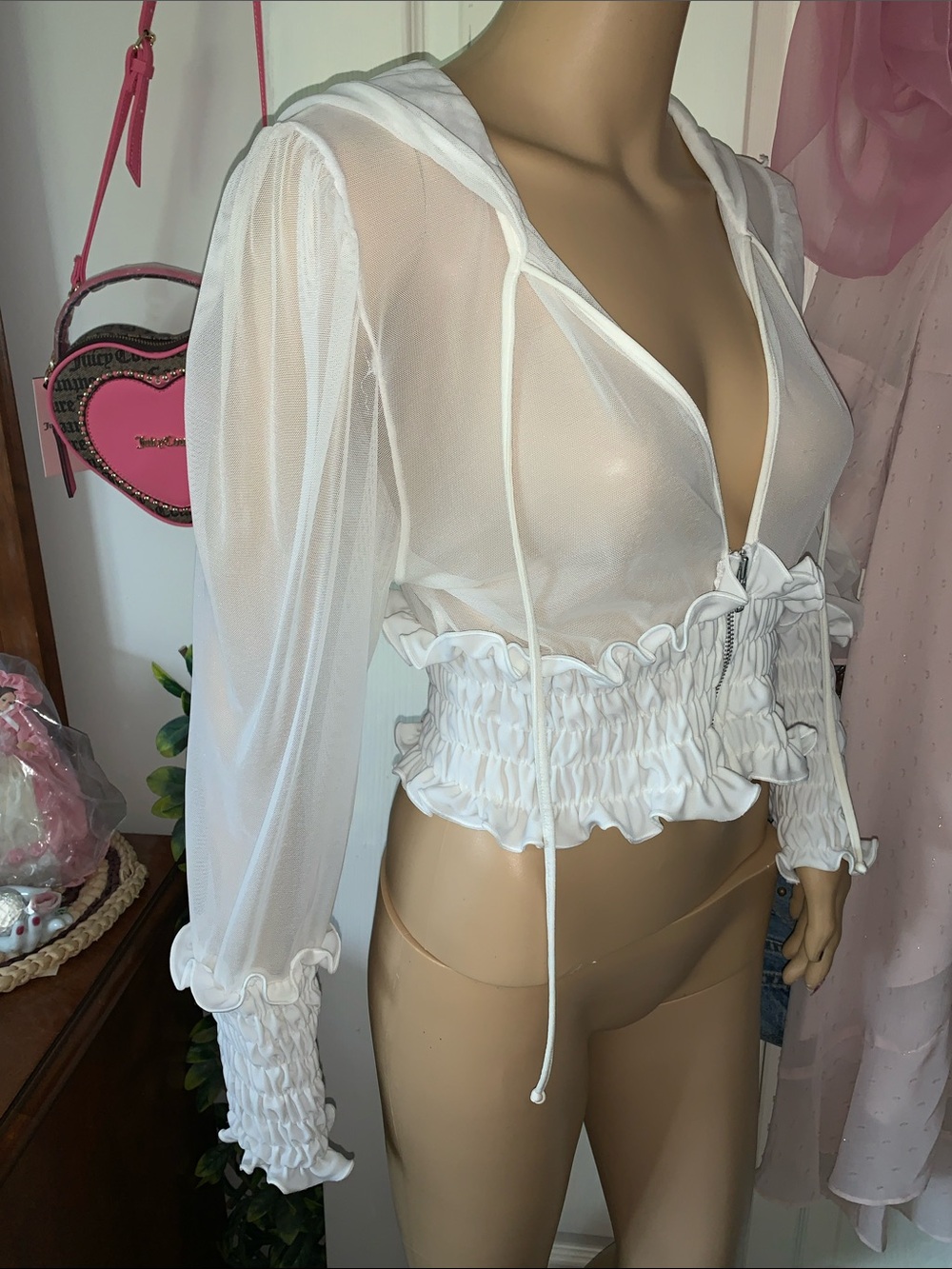 Y2K white sheer mesh chiffon hooded jacket top M